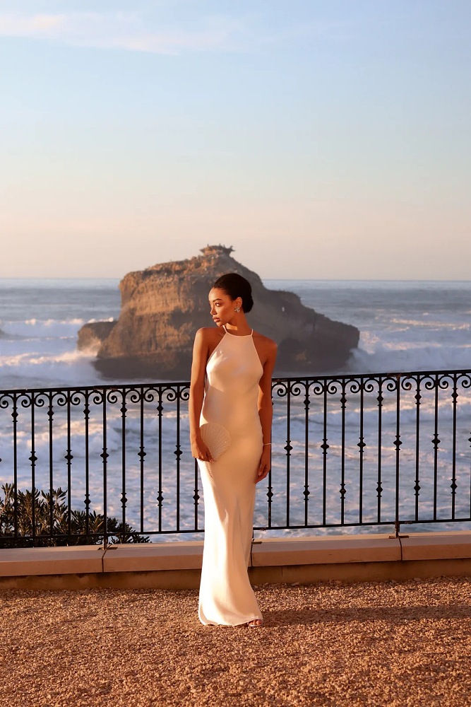 White Satin Halter Maxi Evening Dress