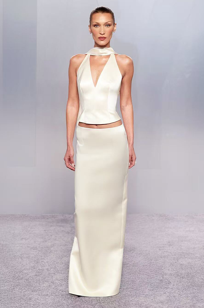 Ivory Plunge Neck Satin Top & Skirt Set In stock