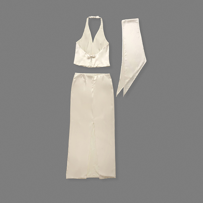 Ivory Plunge Neck Satin Top & Skirt Set In stock