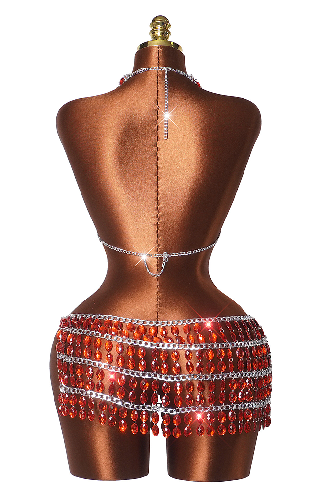 Sparkle Season Jeweled Chain Strap Halter Top & Waist Chain in Red