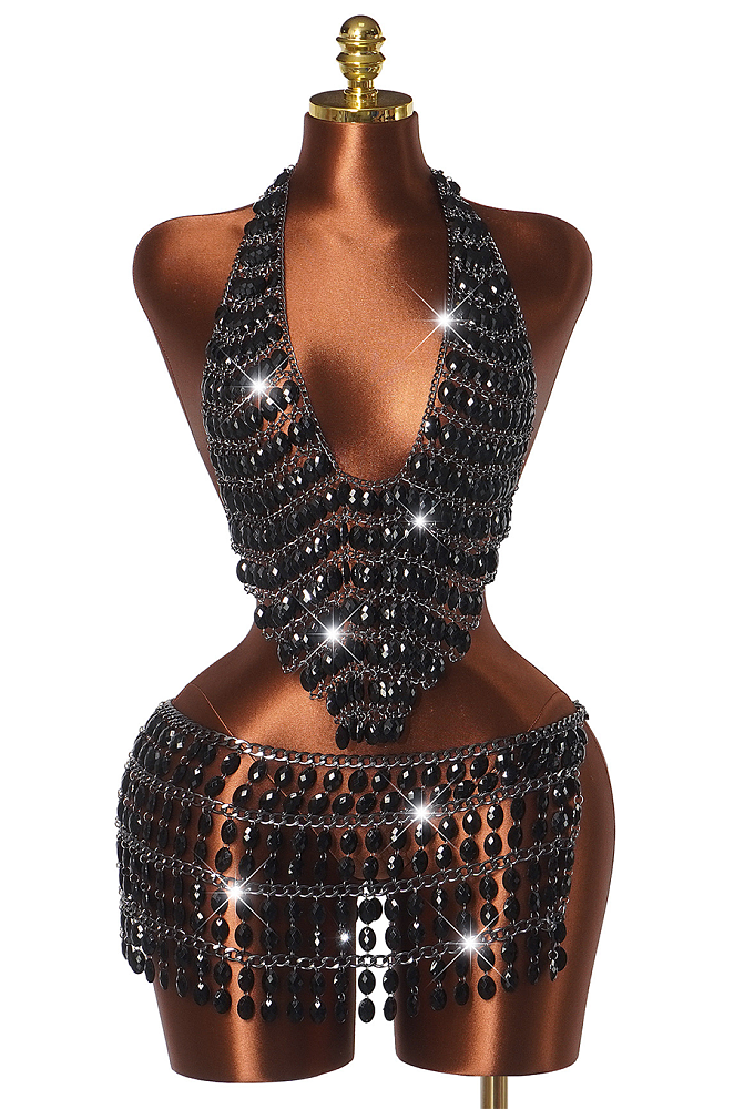 Sparkle Season Jeweled Chain Strap Halter Top Waist Chain in Black