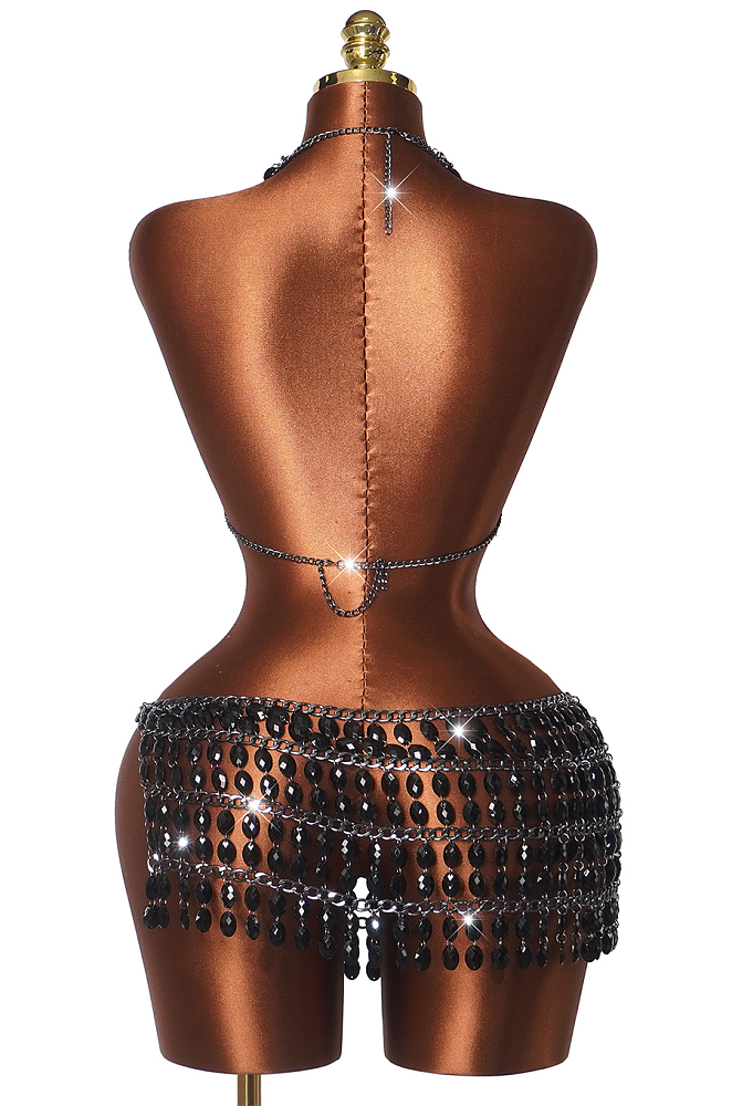 Sparkle Season Jeweled Chain Strap Halter Top Waist Chain in Black