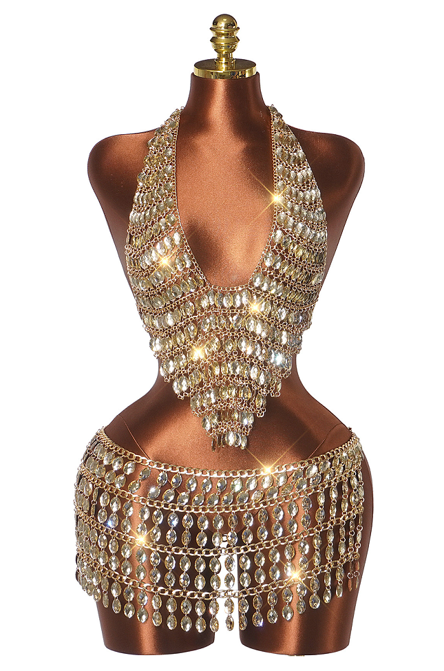 Sparkle Season Jeweled Chain Strap Halter Top & Waist Chain in Gold