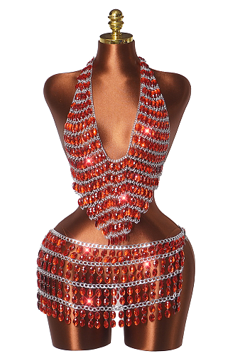 Sparkle Season Jeweled Chain Strap Halter Top & Waist Chain in Red