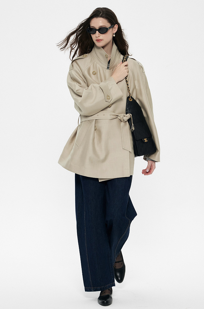 Short Beige Belted Trench Jacket