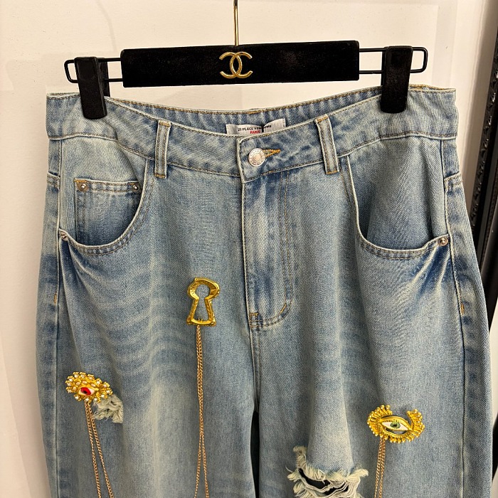 Dangling Gold-tone Wide-leg Denim Jeans