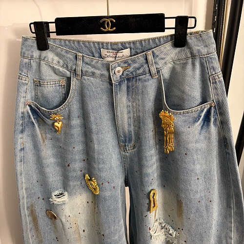 Charms Distressed Wide-leg Denim Jeans