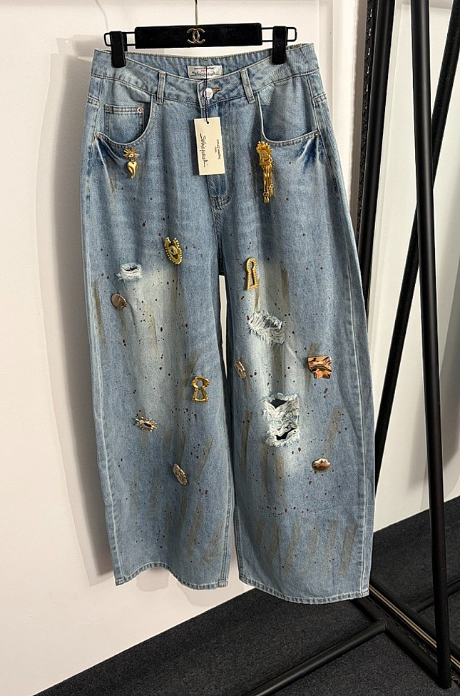 Charms Distressed Wide-leg Denim Jeans