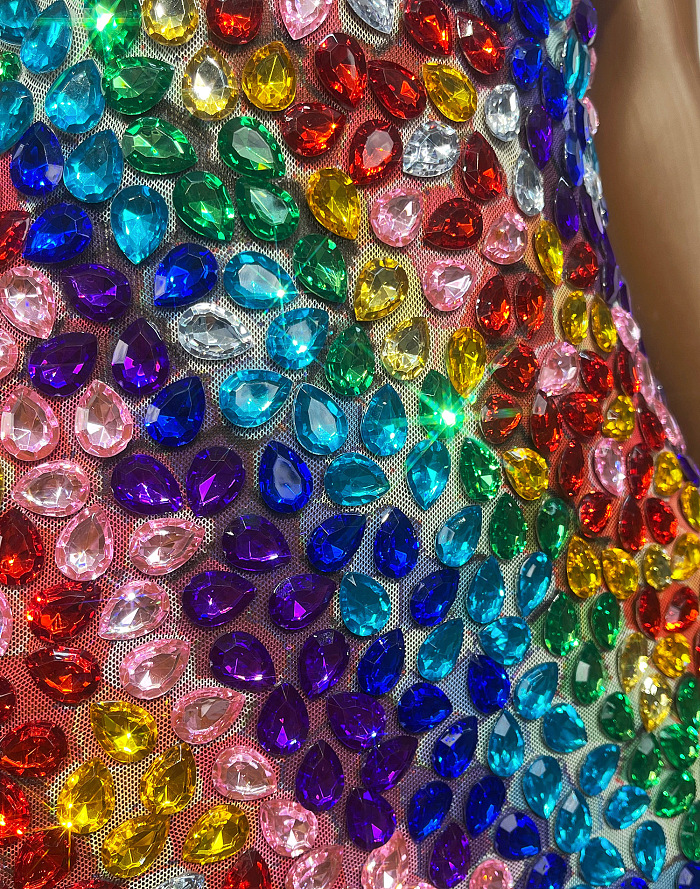 Candy-colored V-neck Crystal Mini Dress