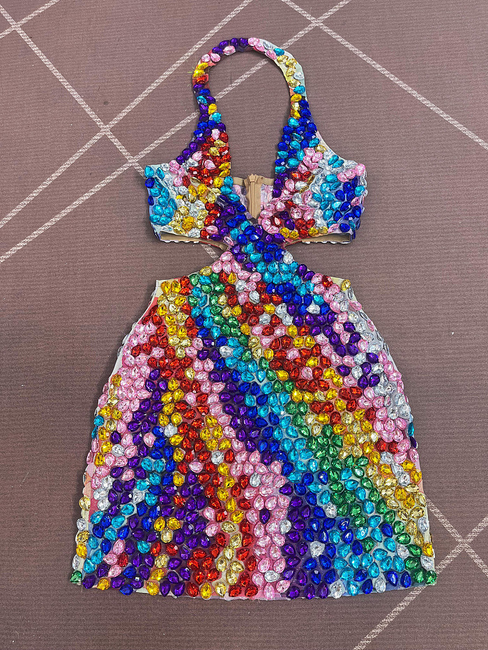 Candy-colored V-neck Crystal Mini Dress