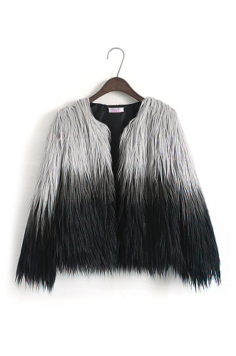 Gray-and-black Gradient Shaggy Faux Fur Coat