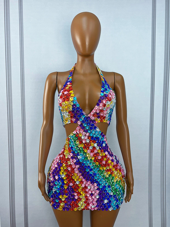 Candy-colored V-neck Crystal Mini Dress