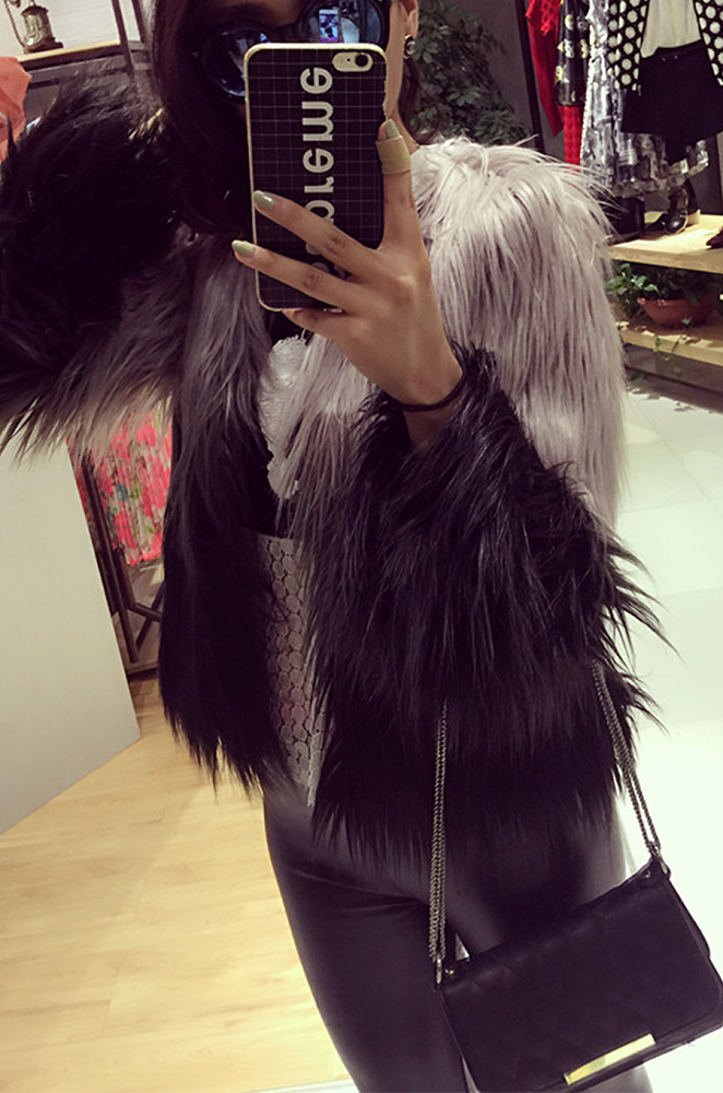 Gray-and-black Gradient Shaggy Faux Fur Coat