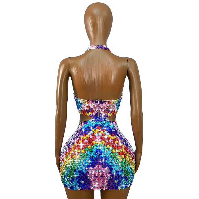 Candy-colored V-neck Crystal Mini Dress