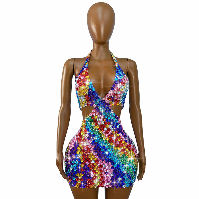 Candy-colored V-neck Crystal Mini Dress