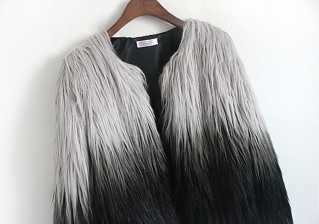 Gray-and-black Gradient Shaggy Faux Fur Coat
