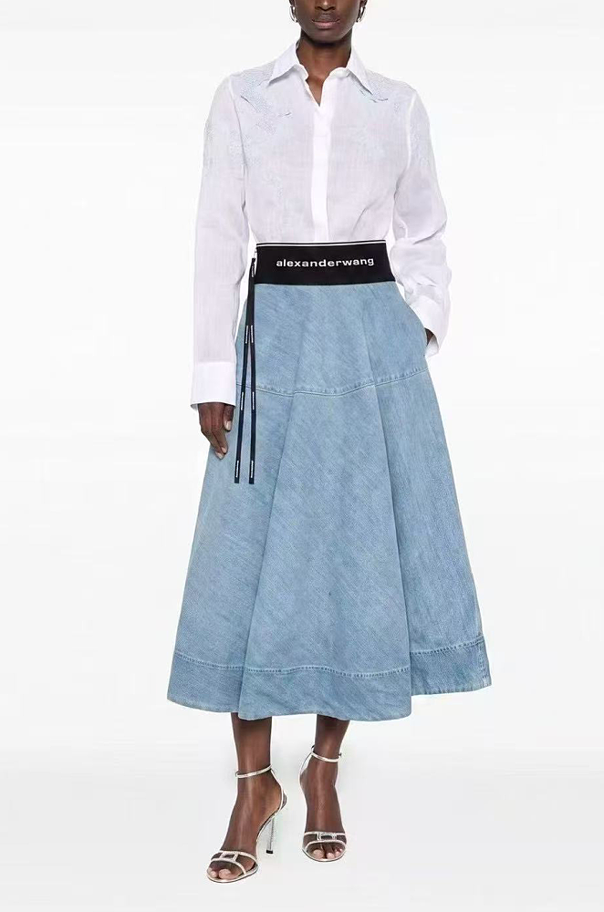 Waistband Denim Midi Skirt