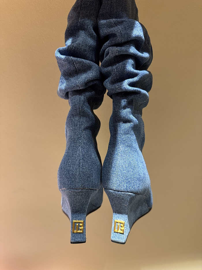 Scrunched Denim Wedge Ankle Boots