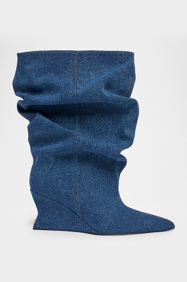 Scrunched Denim Wedge Ankle Boots