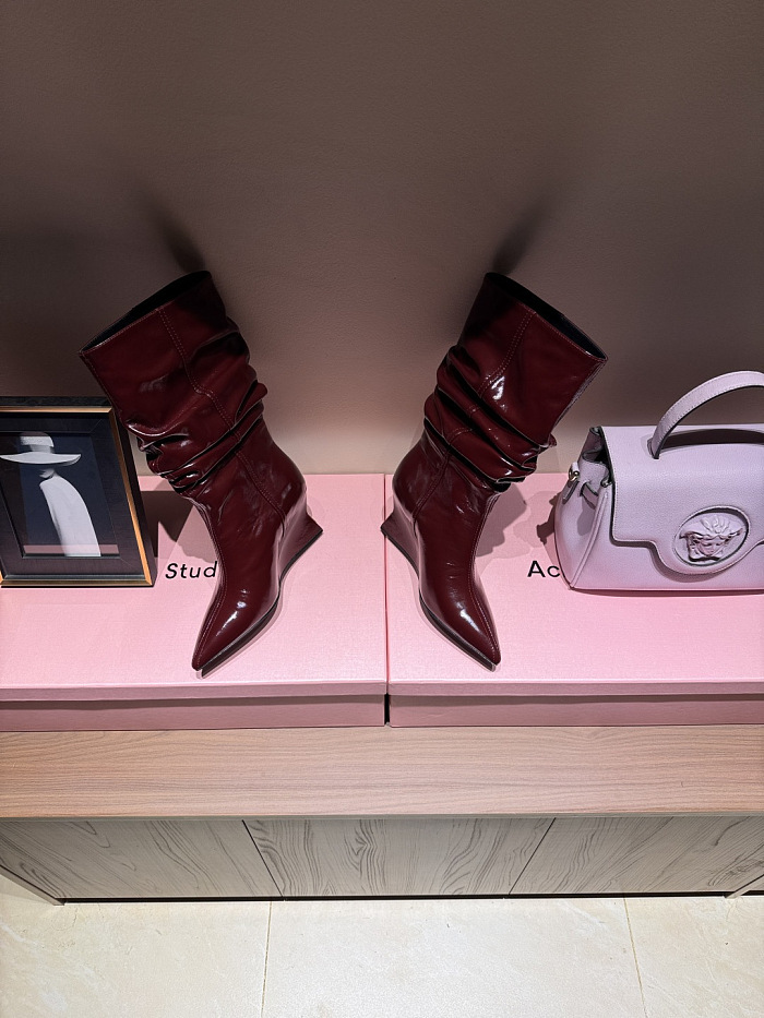 Scrunched Leather Wedge Ankle Boots