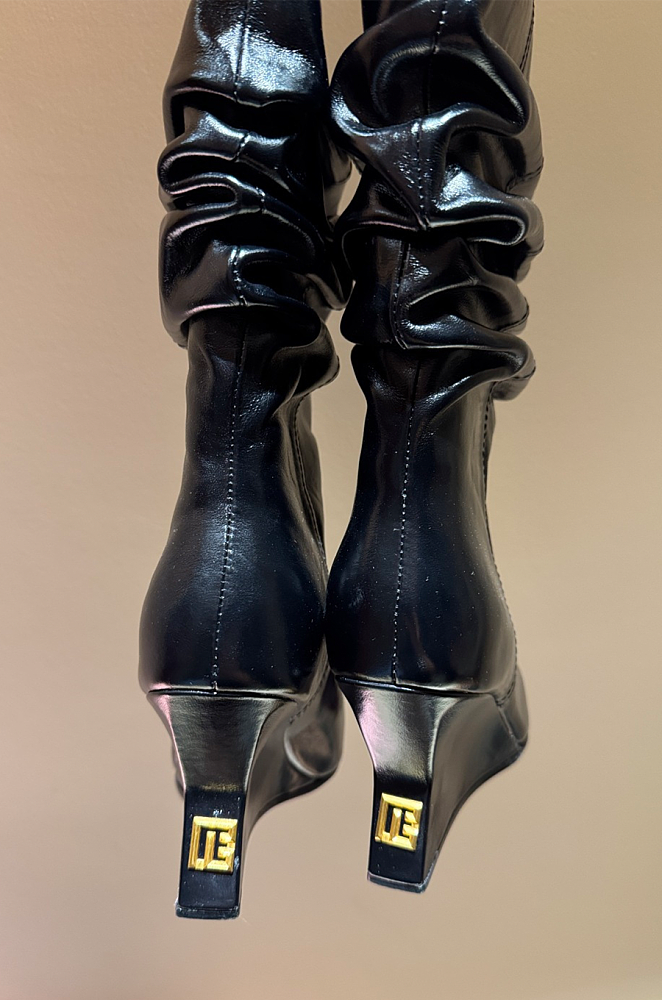 Scrunched Leather Wedge Ankle Boots
