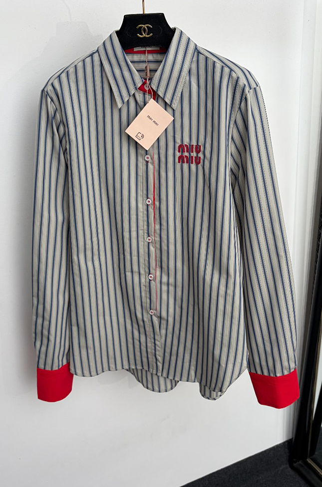 Letter Embroidered Striped Cuffs Drop Shoulder Buttoned Shirt