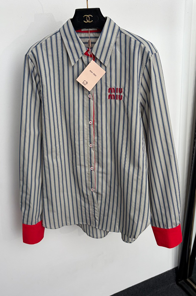 Letter Embroidered Striped Cuffs Drop Shoulder Buttoned Shirt