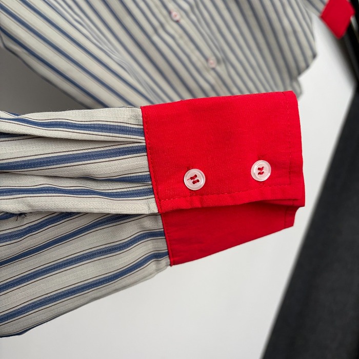 Letter Embroidered Striped Cuffs Drop Shoulder Buttoned Shirt