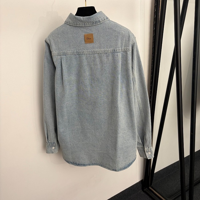 Bow Letter Embroidered Badge Vintage Washed Denim Shirt Jacket