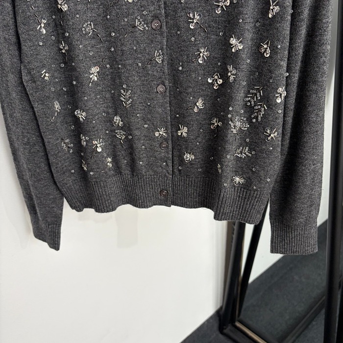 Sequin Beaded Lapel Long Sleeve Wool Knit Cardigan
