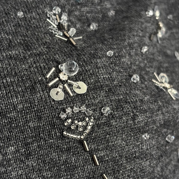 Heavy Sequin Beaded Polo Collar Short Sleeve Wool Knit Top