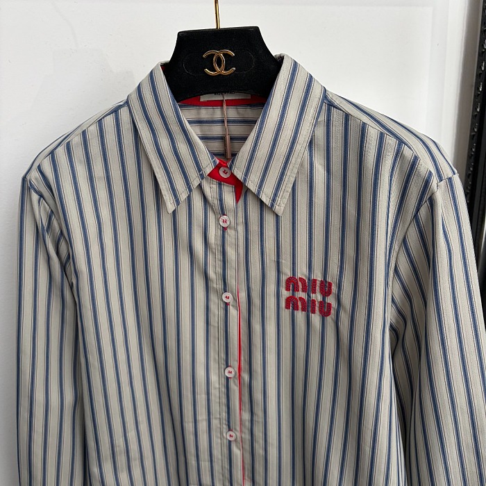 Letter Embroidered Striped Cuffs Drop Shoulder Buttoned Shirt