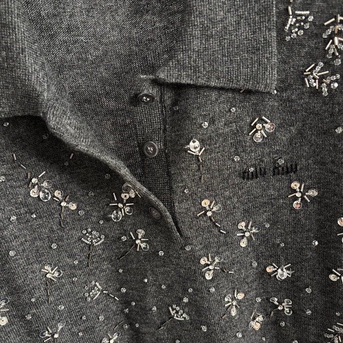 Heavy Sequin Beaded Polo Collar Short Sleeve Wool Knit Top