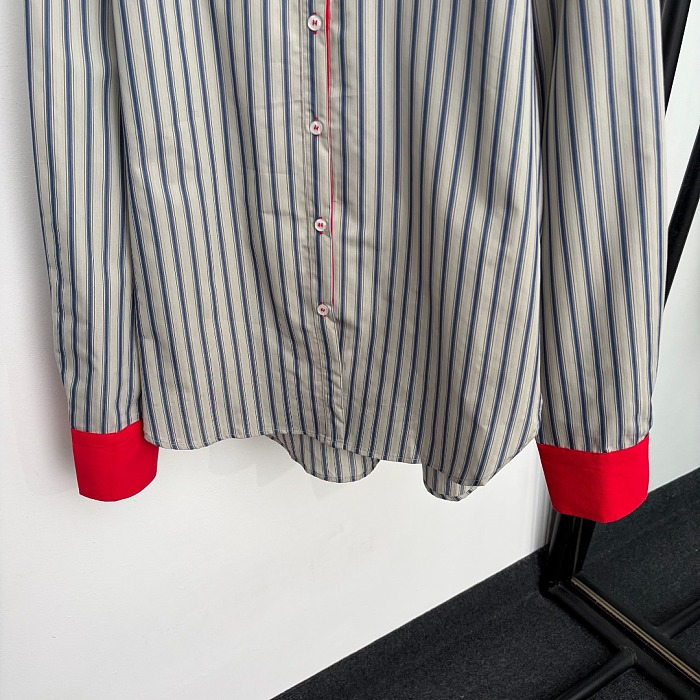 Letter Embroidered Striped Cuffs Drop Shoulder Buttoned Shirt