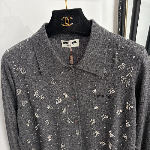 Sequin Beaded Lapel Long Sleeve Wool Knit Cardigan