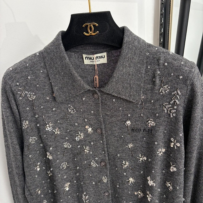 Sequin Beaded Lapel Long Sleeve Wool Knit Cardigan