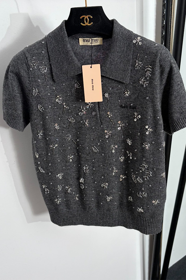 Heavy Sequin Beaded Polo Collar Short Sleeve Wool Knit Top