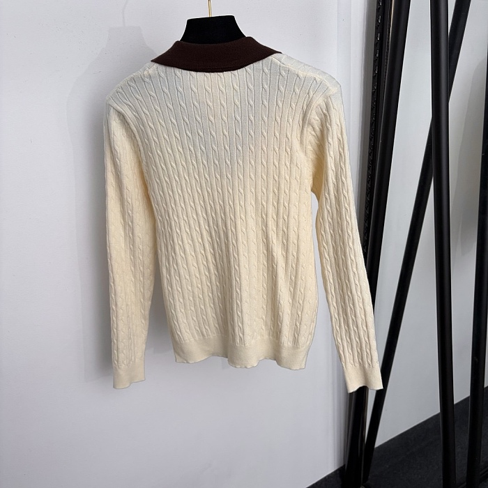 Colorblocked Contrast Lapel Cable Knit Pullover Sweater