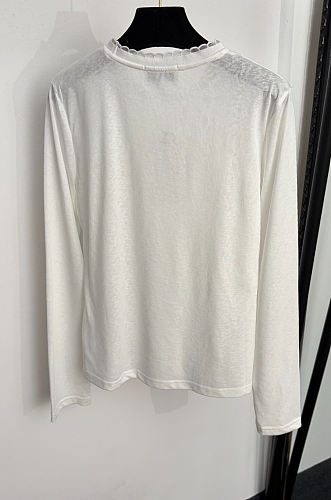 Ruffle Trim Embroidered Letter Graphic Long Sleeve Ribbed Tee white