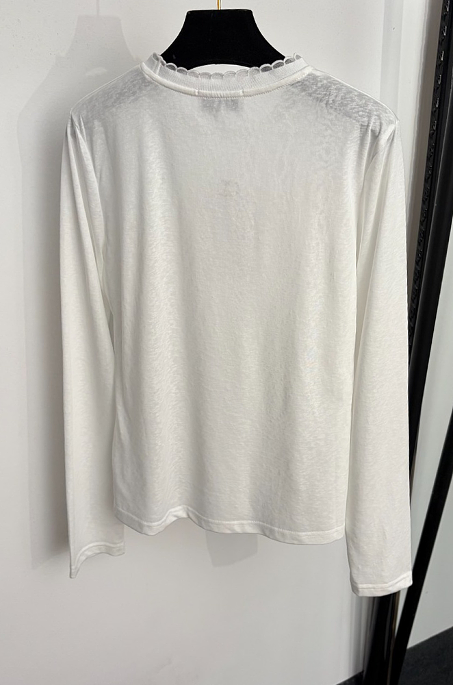 Ruffle Trim Embroidered Letter Graphic Long Sleeve Ribbed Tee white