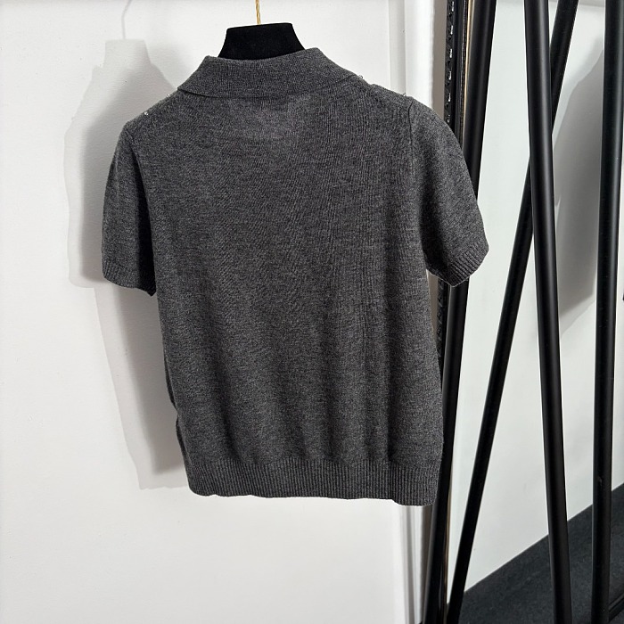 Heavy Sequin Beaded Polo Collar Short Sleeve Wool Knit Top