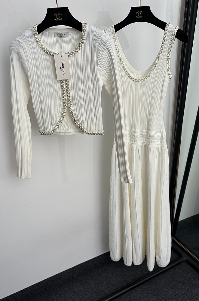 Rhinestone Trimmed Crew Neck Cardigan And Cami Maxi Dress Set