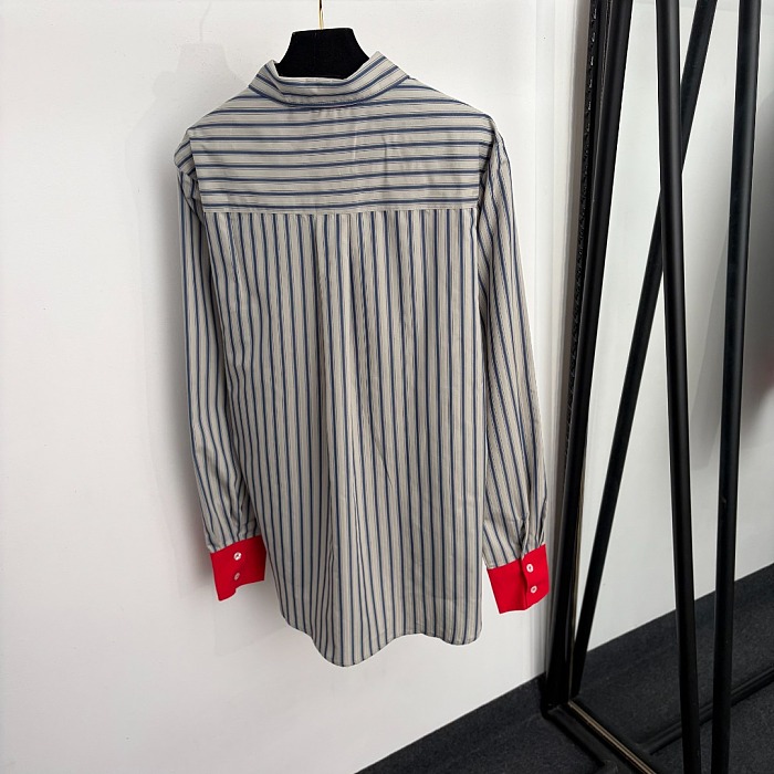 Letter Embroidered Striped Cuffs Drop Shoulder Buttoned Shirt