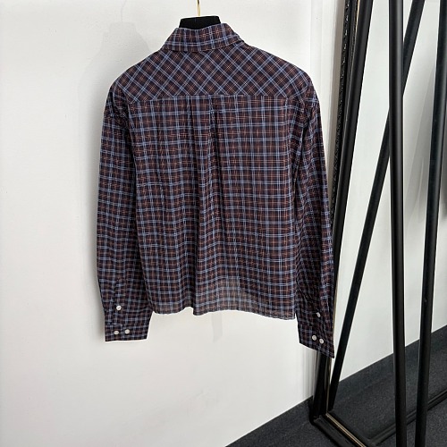 Letter Embroidered Lapel Plaid Cotton Shirt
