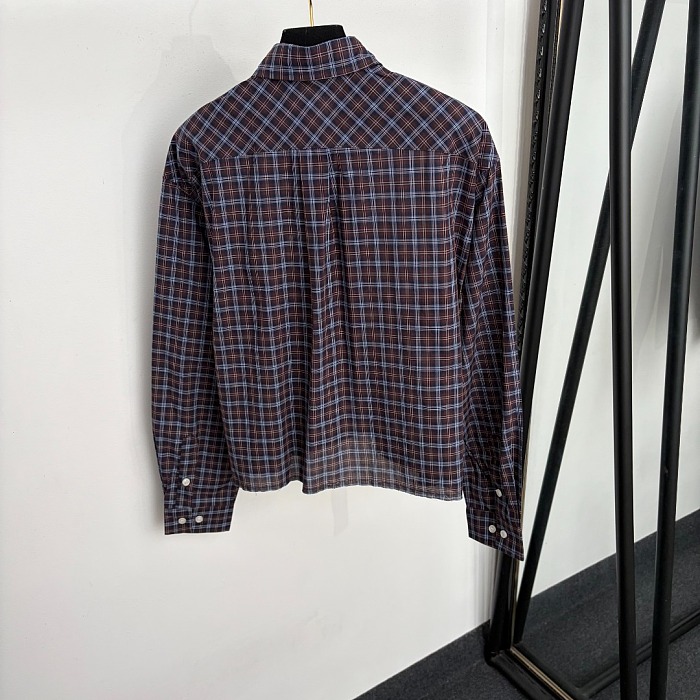 Letter Embroidered Lapel Plaid Cotton Shirt