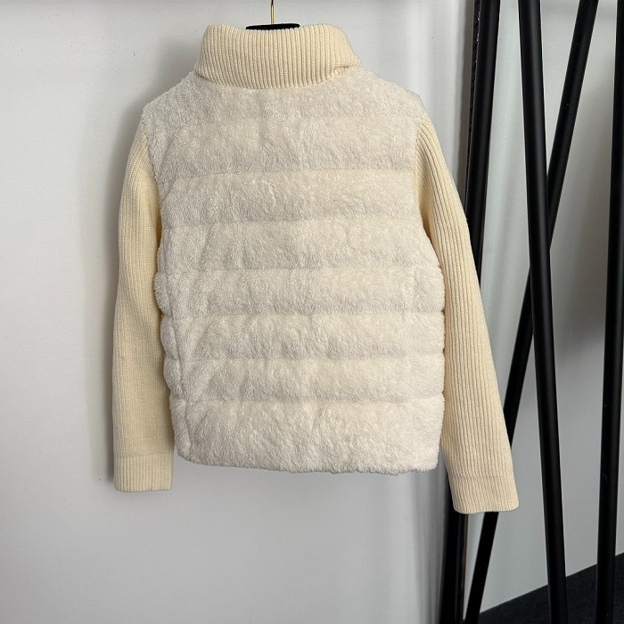 Sherpa Spliced Ribbed Knit White Duck Down Puffer Jacket