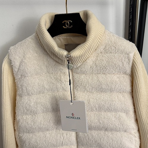 Sherpa Spliced Ribbed Knit White Duck Down Puffer Jacket