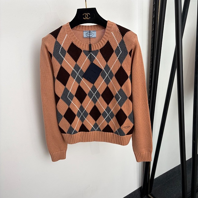 Contrast Argyle Pattern Wool Blend Crew Neck Knit Pullover