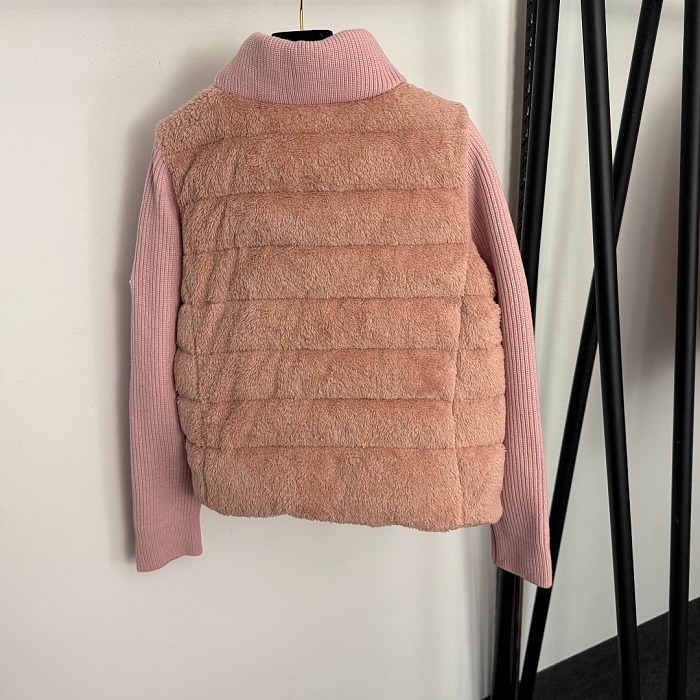 Sherpa Spliced Ribbed Knit White Duck Down Puffer Jacket