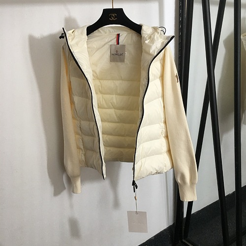 Contrast Patchwork Wool Knit White Goose Down Hooded Puffer Coat